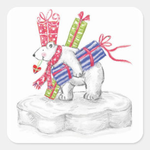Cute Cartoon Polar Bear with Christmas Presents Square Sticker