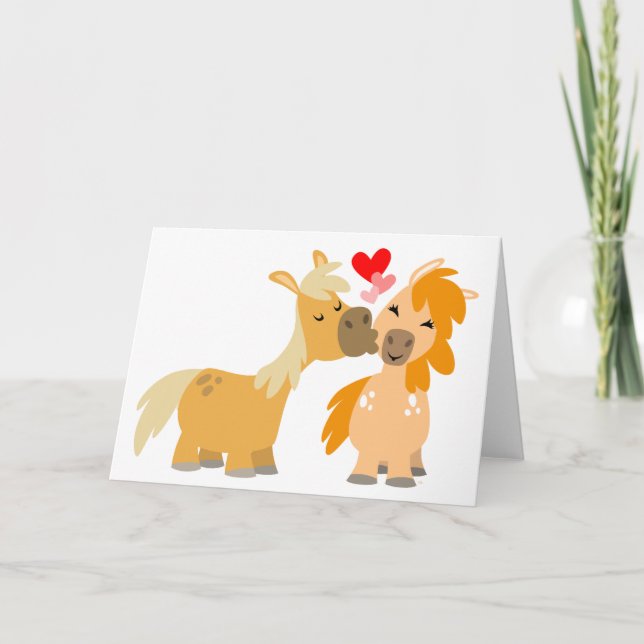 Cute Cartoon Ponies in Love greeting card (Front)