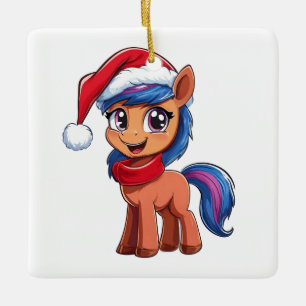 Cute Cartoon Pony in Christmas Hat and Scarf Ceramic Ornament