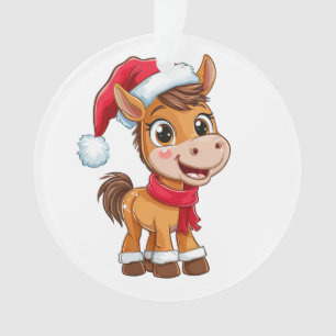 Cute Cartoon Pony in Christmas Hat and Scarf Ornament