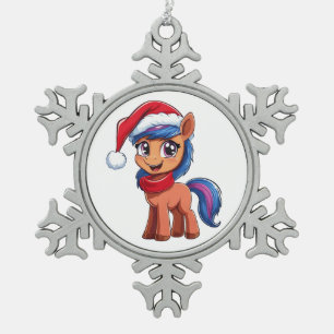 Cute Cartoon Pony in Christmas Hat and Scarf Snowflake Pewter Christmas Ornament