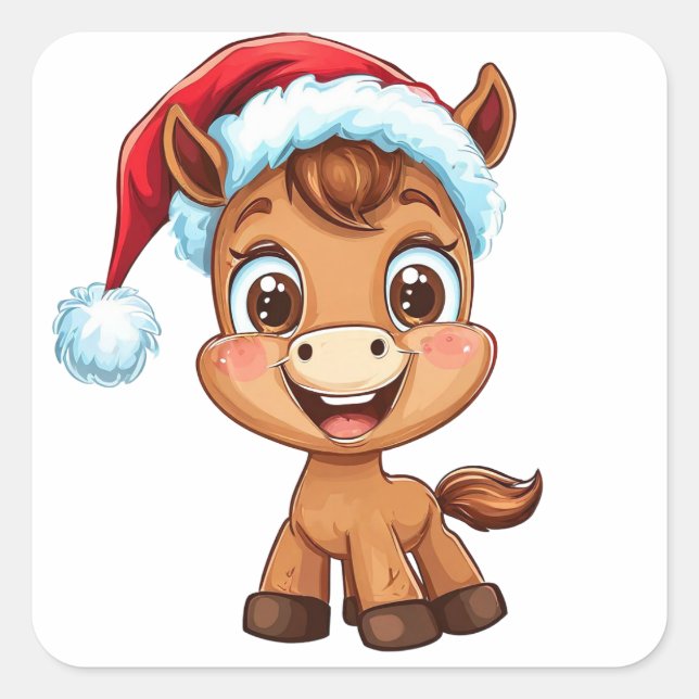 Cute Cartoon Pony in Christmas Hat and Scarf Square Sticker (Front)