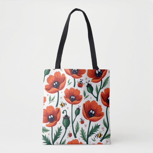 Cute Cartoon Pop Art Poppies Bees Ladybugs Women Tote Bag (Front)