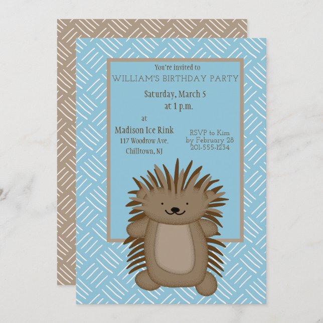 Cute Cartoon Porcupine Kids Birthday Party Invitation (Front/Back)