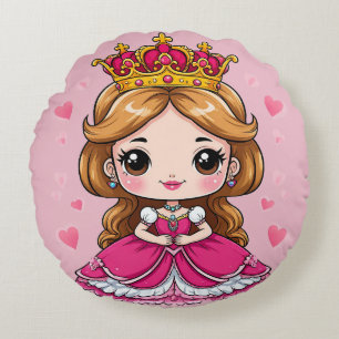 Cute Cartoon Princess in Pink Dress 👑 Round Cushion