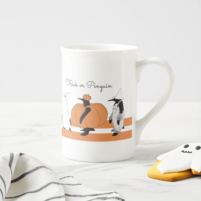 Cute Cartoon Pumpkin Penguin Funny Halloween Bone China Mug (Creator Uploaded)