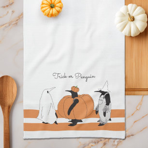 Cute Cartoon Pumpkin Penguin Funny Halloween Tea Towel