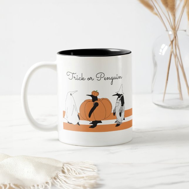 Cute Cartoon Pumpkin Penguin Funny Halloween Two-Tone Coffee Mug (Creator Uploaded)