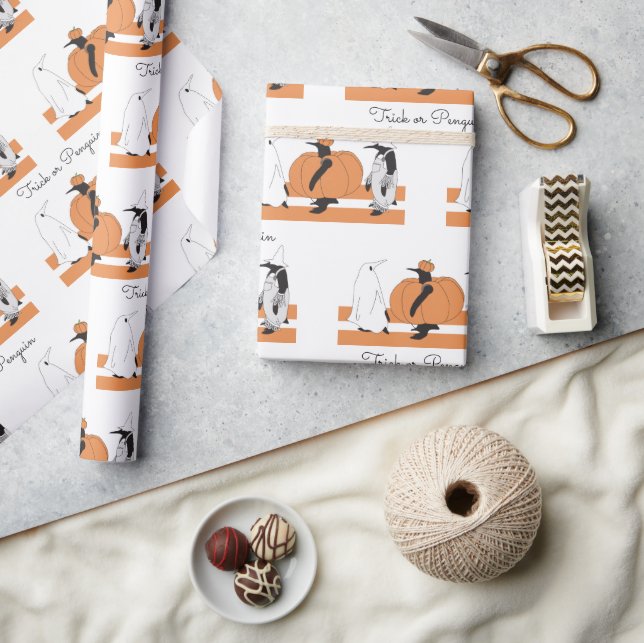 Cute Cartoon Pumpkin Penguin Funny Halloween Wrapping Paper (Crafts)