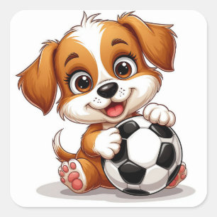 Cute Cartoon Puppy Holding Soccer Ball Square Sticker