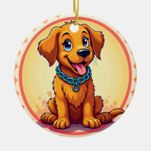 Cute Cartoon Puppy With Blue Collar Ceramic Ornament