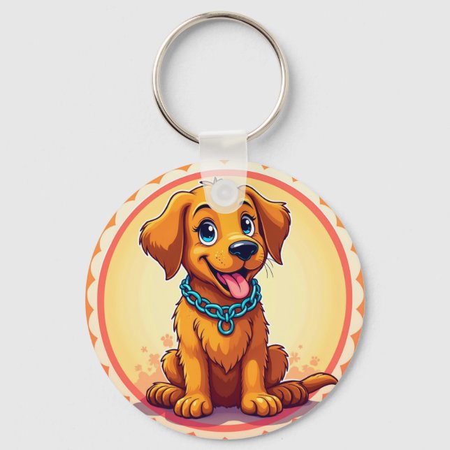 Cute Cartoon Puppy With Blue Collar Key Ring (Front)
