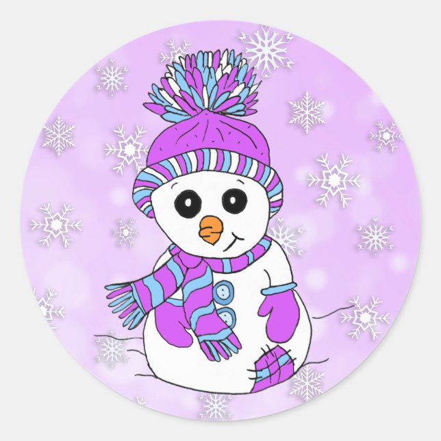 Cute Cartoon Purple Snowman  Snowflake Christmas Classic Round Sticker (Front)