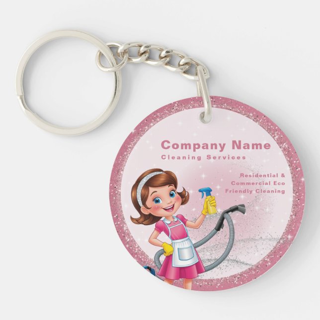 Cute Cartoon QR code Glitter Pink House Cleaning Key Ring (Front)
