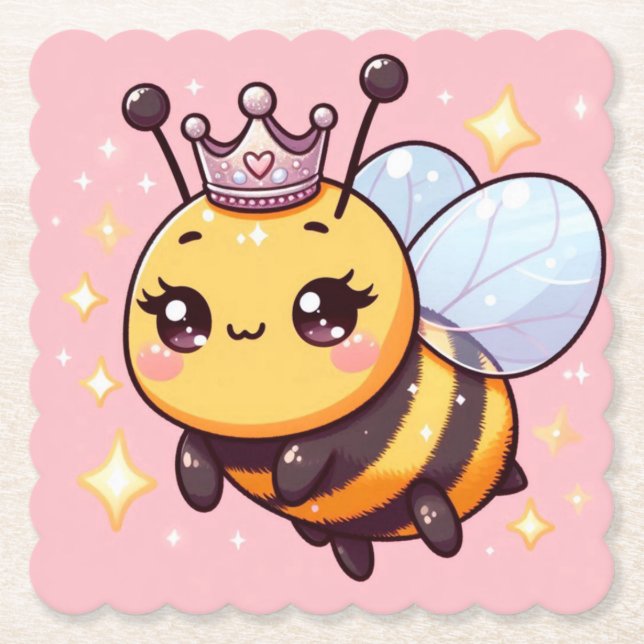 Cute Cartoon Queen Bee Paper Coaster (Front)