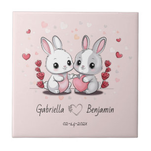 Cute Cartoon Rabbit Lovers Heart Valentine’s Day Ceramic Tile
