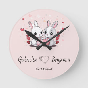 Cute Cartoon Rabbit Lovers Heart Valentine’s Day Round Clock