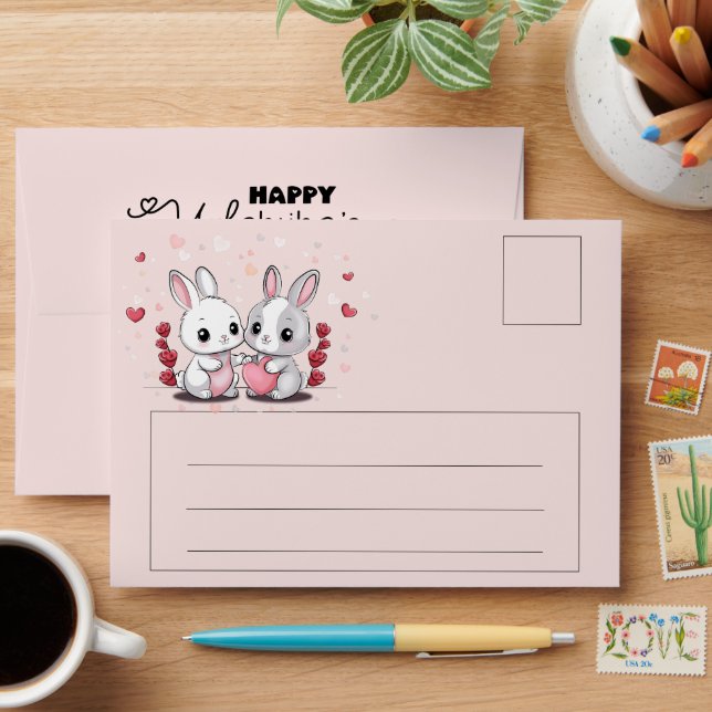 Cute Cartoon Rabbit Lovers Hearts Valentine’s Day Envelope (Desk)