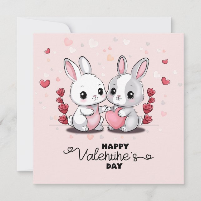 Cute Cartoon Rabbit Lovers Hearts Valentine’s Day Holiday Card (Front)