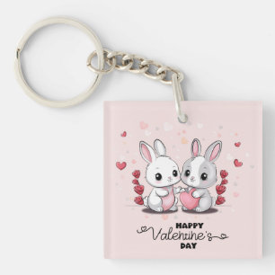 Cute Cartoon Rabbit Lovers Hearts Valentine’s Day Key Ring