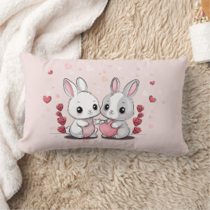 Cute Cartoon Rabbit Lovers Hearts Valentine’s Day Lumbar Cushion