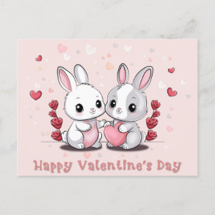 Cute Cartoon Rabbit Lovers Hearts Valentine’s Day  Postcard