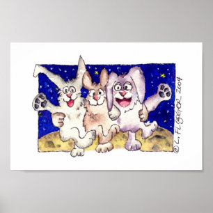 Cute Cartoon Rabbits Moon Dancing Poster Print