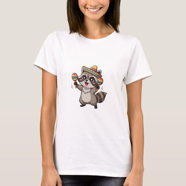 Cute Cartoon Raccoon Playing Maracas with Sombrero T-Shirt (Front)