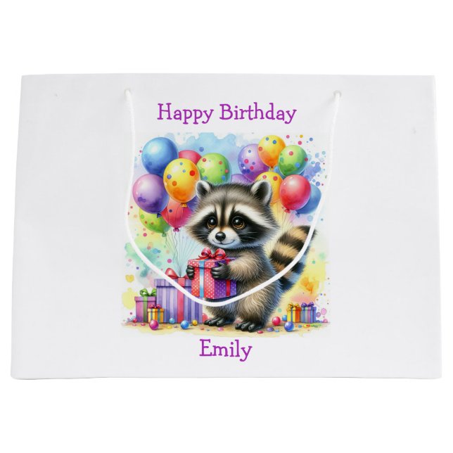 Cute Cartoon Racoon Birthday Personalised Large Gift Bag (Front)