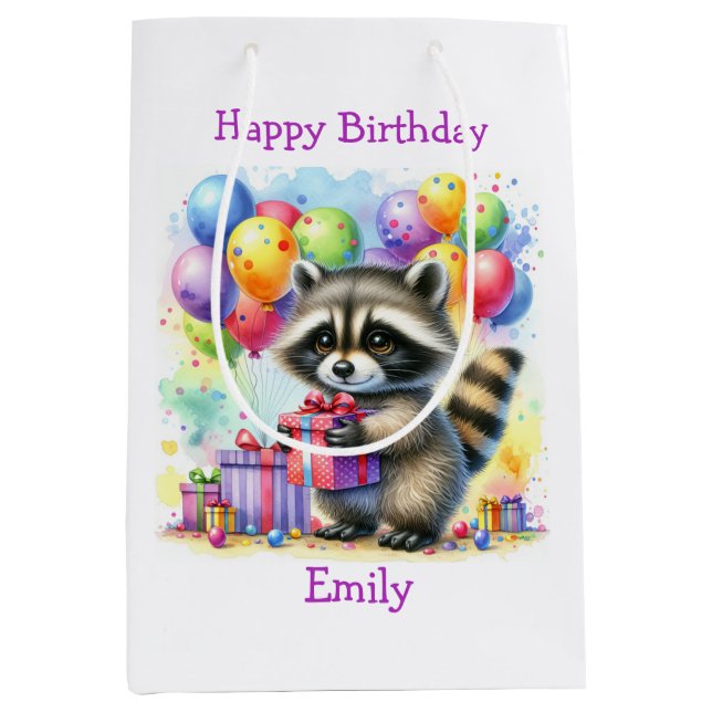 Cute Cartoon Racoon Birthday Personalised Medium Gift Bag (Front)