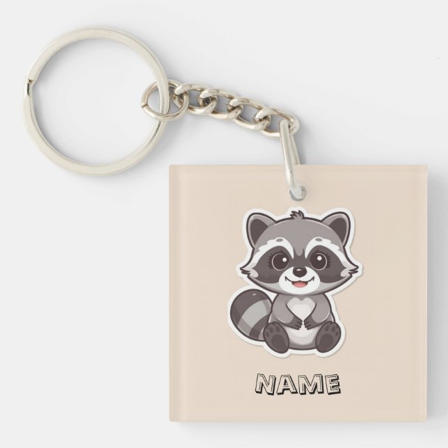 Cute Cartoon Racoon Custom Keychain (Front)
