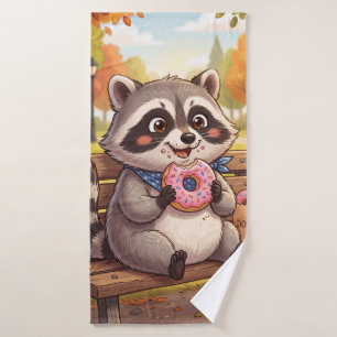 Cute Cartoon Racoon Eating Strawberry Doughnut Bath Towel Set