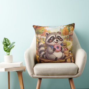 Cute Cartoon Racoon Eating Strawberry Doughnut Cushion