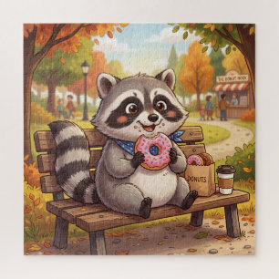 Cute Cartoon Racoon Eating Strawberry Doughnut Jigsaw Puzzle