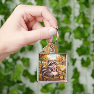Cute Cartoon Racoon Eating Strawberry Doughnut Key Ring
