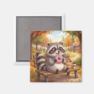 Cute Cartoon Racoon Eating Strawberry Doughnut Magnet