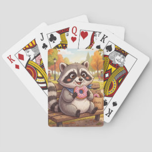 Cute Cartoon Racoon Eating Strawberry Doughnut Playing Cards
