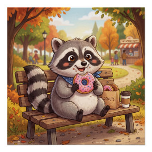 Cute Cartoon Racoon Eating Strawberry Doughnut  Poster