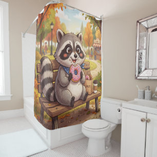 Cute Cartoon Racoon Eating Strawberry Doughnut Shower Curtain