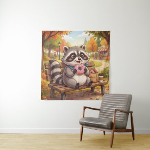 Cute Cartoon Racoon Eating Strawberry Doughnut Tapestry