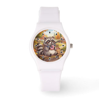 Cute Cartoon Racoon Eating Strawberry Doughnut Watch