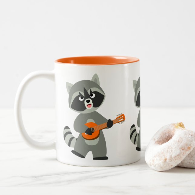 Cute Cartoon Racoon Playing Banjo Two-Tone Coffee Mug (With Donut)