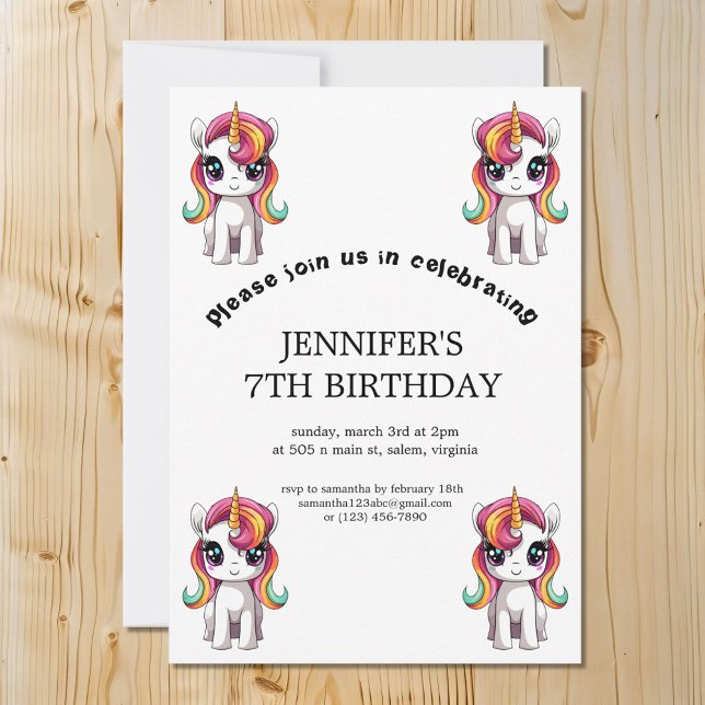 Cute Cartoon Rainbow Unicorn Birthday Party Invitation (Creator Uploaded)