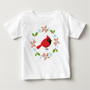 Cute Cartoon Red Cardinal with Flowers Baby T-Shirt