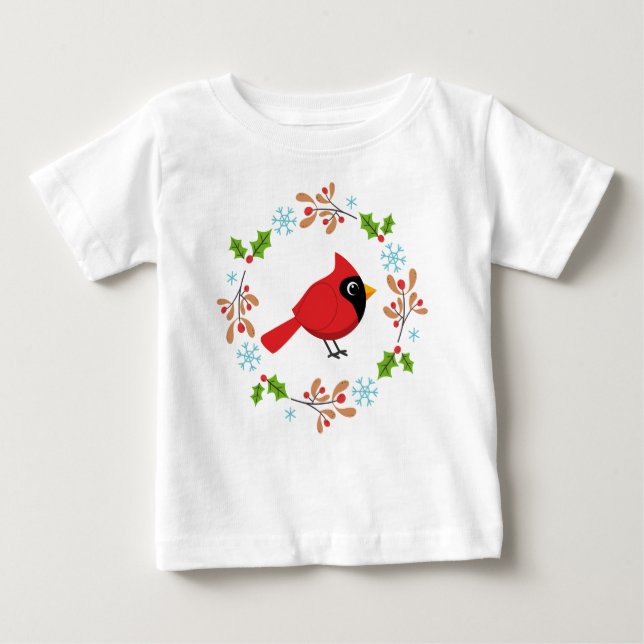 Cute Cartoon Red Cardinal with Flowers Baby T-Shirt (Front)