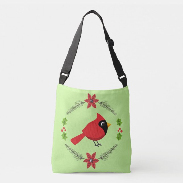 Cute Cartoon Red Cardinal with Flowers Crossbody Bag (Front)