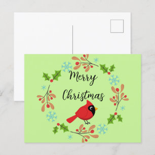 Cute Cartoon Red Cardinal with Flowers Holiday Postcard