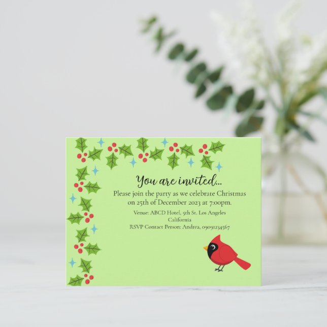 Cute Cartoon Red Cardinal with Flowers Invitation Postcard (Standing Front)