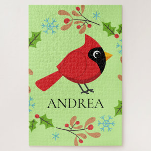Cute Cartoon Red Cardinal with Flowers Jigsaw Puzzle