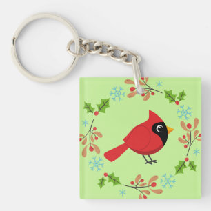 Cute Cartoon Red Cardinal with Flowers Key Ring